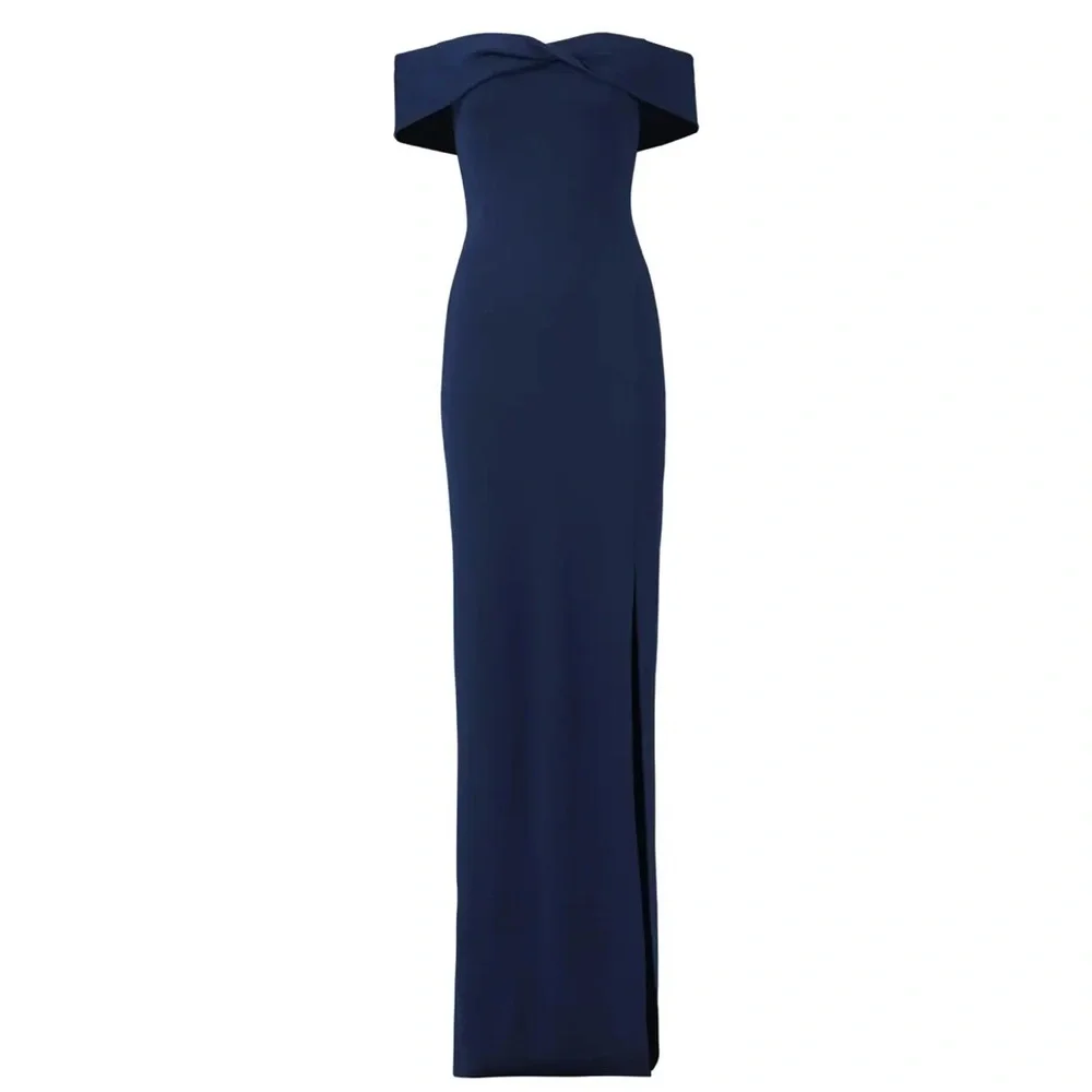 NICHOLAS Ponti Knot Front Off Shoulder Gown in Deep Navy - Picture 1 of 8